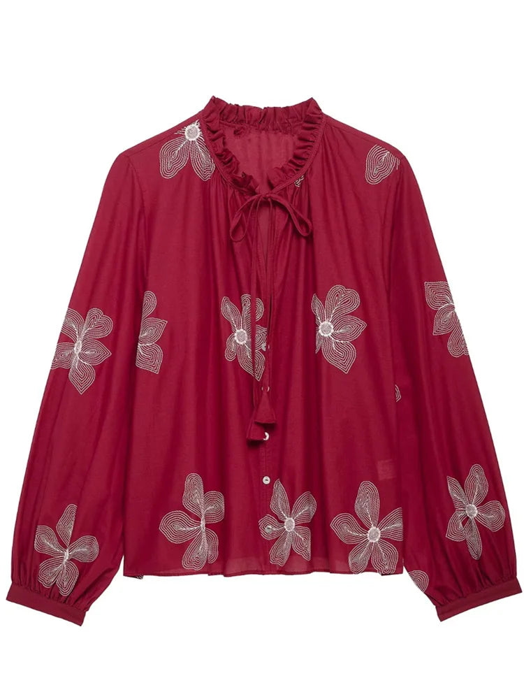Women's Ruffled Collar Long Sleeve Blouse with Delicate Flower Embroidery Casual Chic Shirt Top