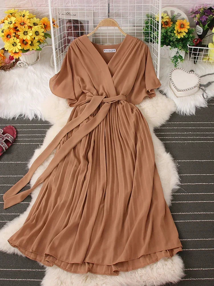 Chiffon Pleated Lace Up V Neck Dress For Women Summer