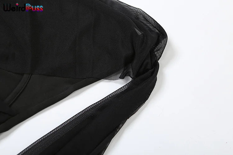 Sexy Hollow Mesh Jumpsuit for Women with Cross Bandage Ribbon, Single Shoulder Design, Full Sleeve Stretch Fit, Midnight Clubwear Overalls