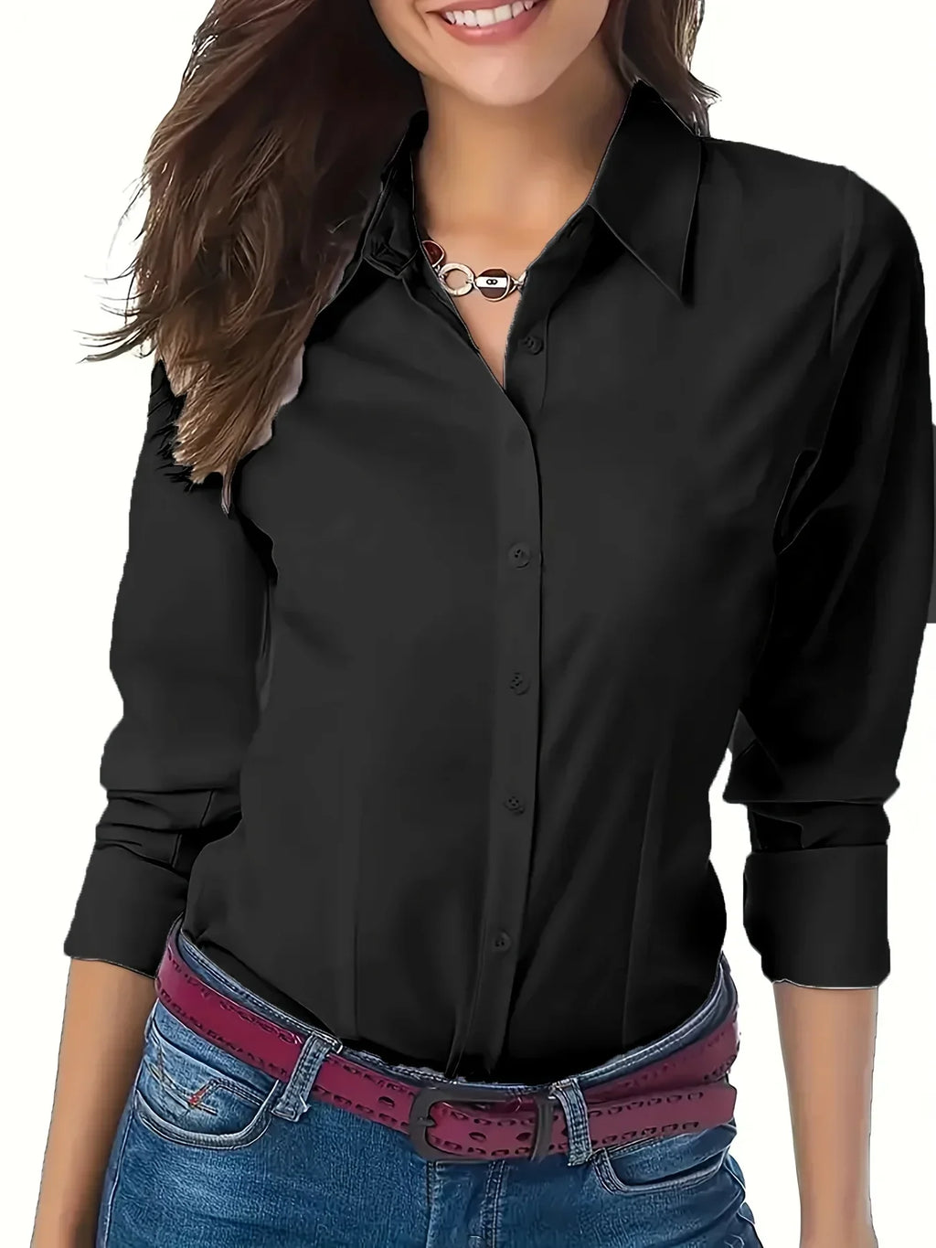Solid Button Front Shirt Elegant Long Sleeve Lapel Blouse Lightweight Basic Top for Spring and Fall Women's Fashion Office Casual Wear