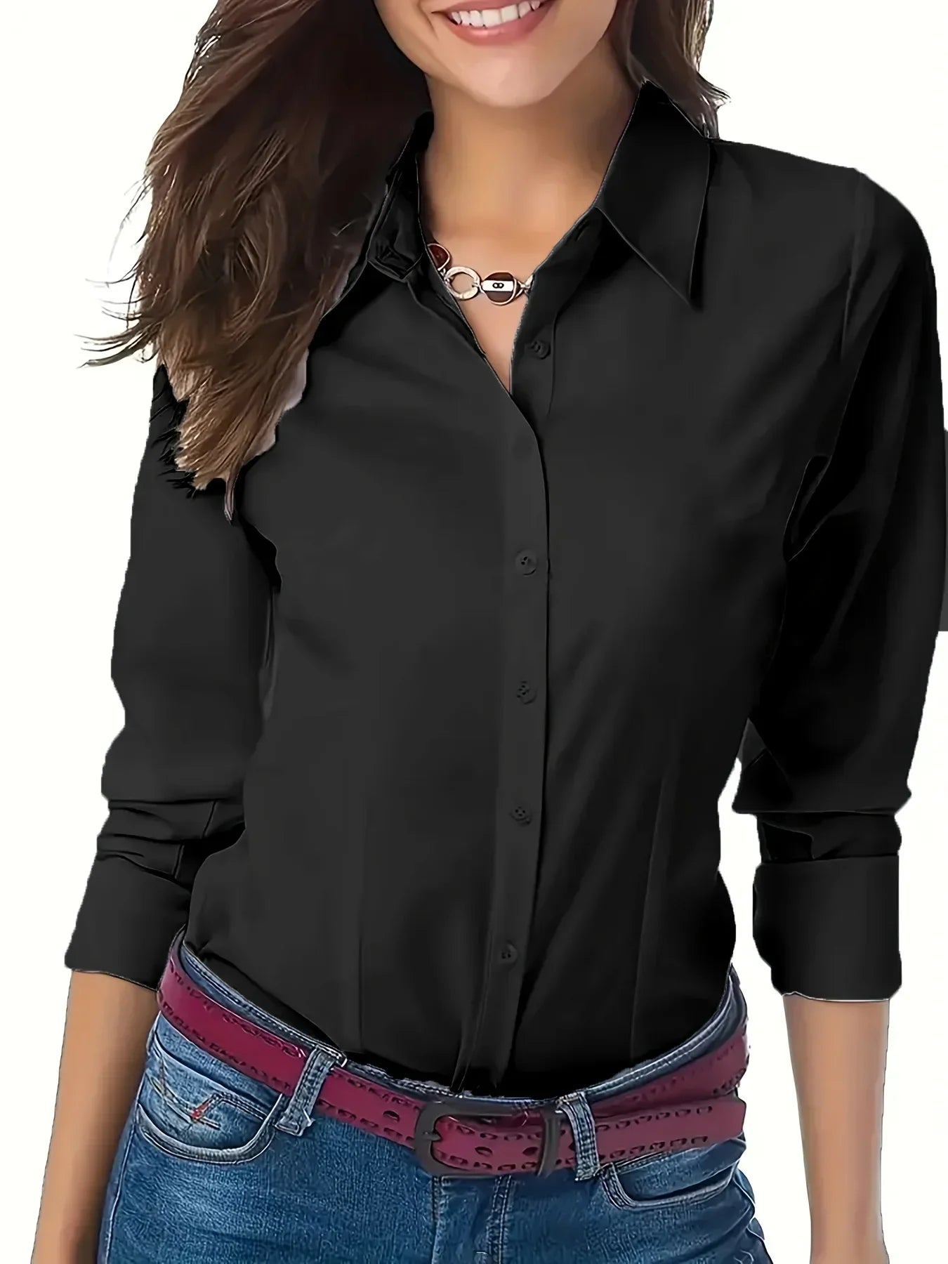 Solid Button Front Shirt Elegant Long Sleeve Lapel Blouse Lightweight Basic Top for Spring and Fall Women's Fashion Office Casual Wear