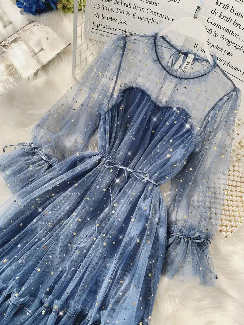 Sequined Mesh Fairy Dress For Women Party Gala Evening Wear