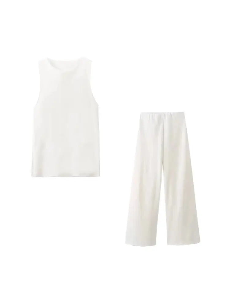 Women Casual Two Piece Set with Sleeveless Tank Top and Wide Leg Pants