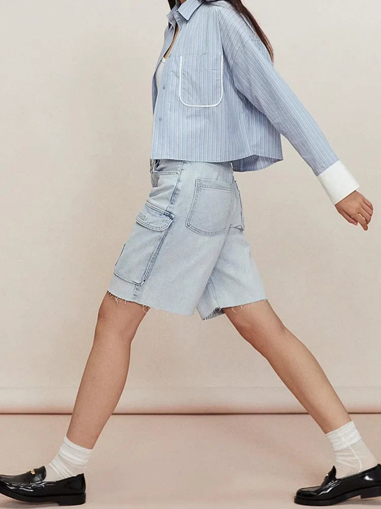 Women's Casual Striped Long Sleeve Short Shirt Simple Versatile Fashion Top