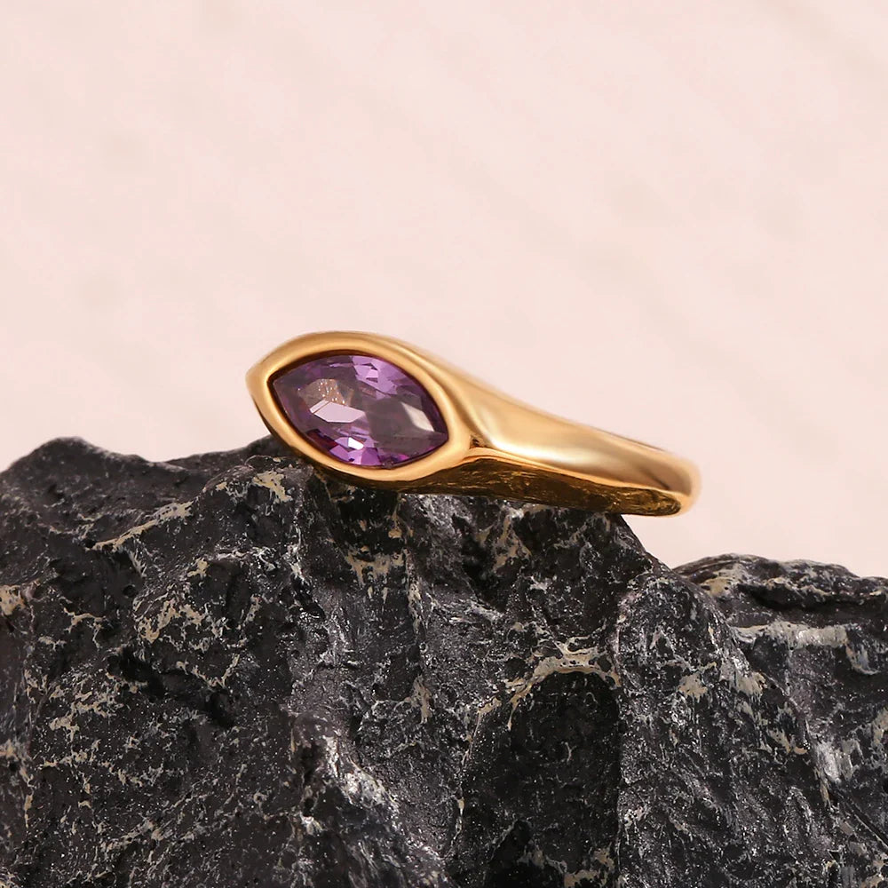 Hypoallergenic 316L Stainless Steel Colorful Horse Eye Zircon Seal Ring with 18K Gold Plating