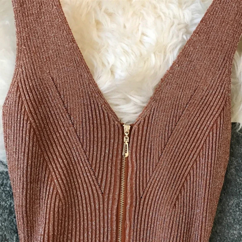 Sexy Zipper V Neck Knit Bodycon Midi Dress For Summer