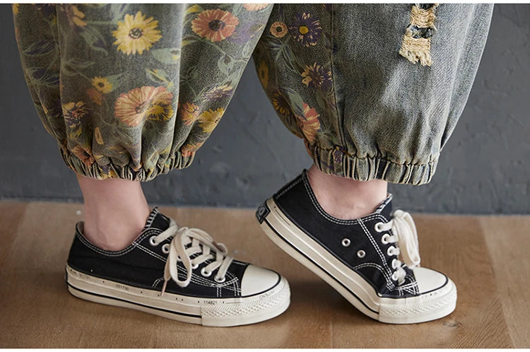 Casual Oversized Floral Print Denim Overalls for Women Loose Wide Leg Mom Jeans Romper Jumpsuit with Cargo Straps Baggy Pants