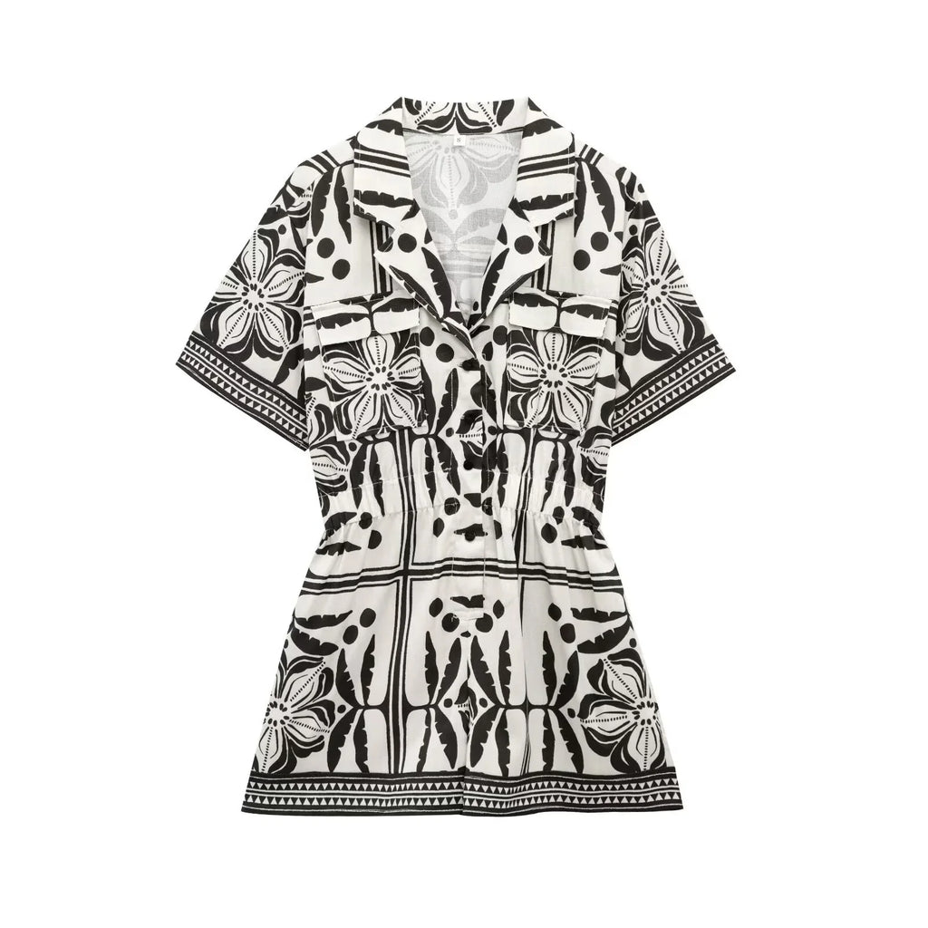 Slim Fit Printed Cuban Collar Jumpsuit Shorts for Women Casual Vacation Style Summer Wear
