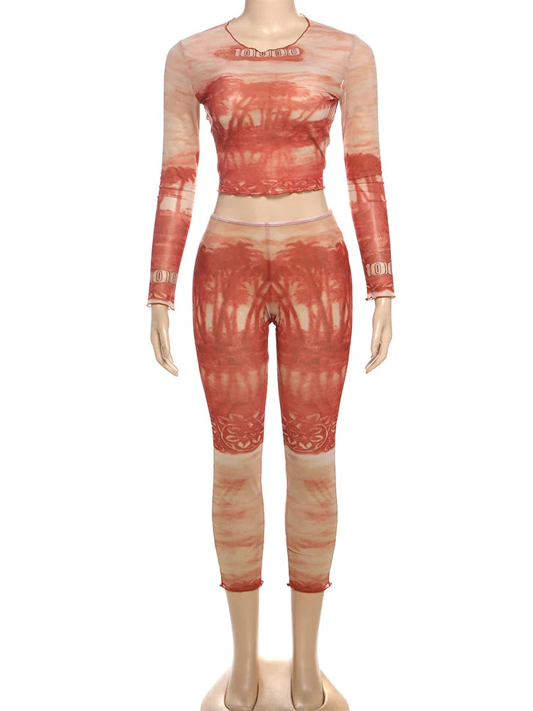 See Through Women 2 Piece Set Sexy Print Crop Top and Leggings Matching Summer Outfit