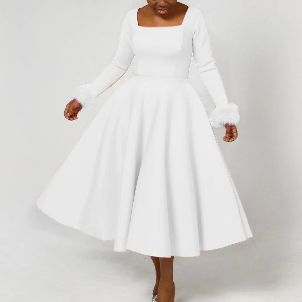 Square Neck Party Dress Women Pleated A Line Mid Calf