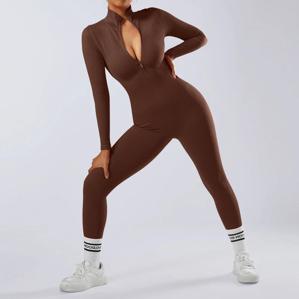 Women's Bodycon Jumpsuit Casual Fitness Rompers with Zipper Slim Fit Bodysuit Streetwear Activewear for Autumn and Winter