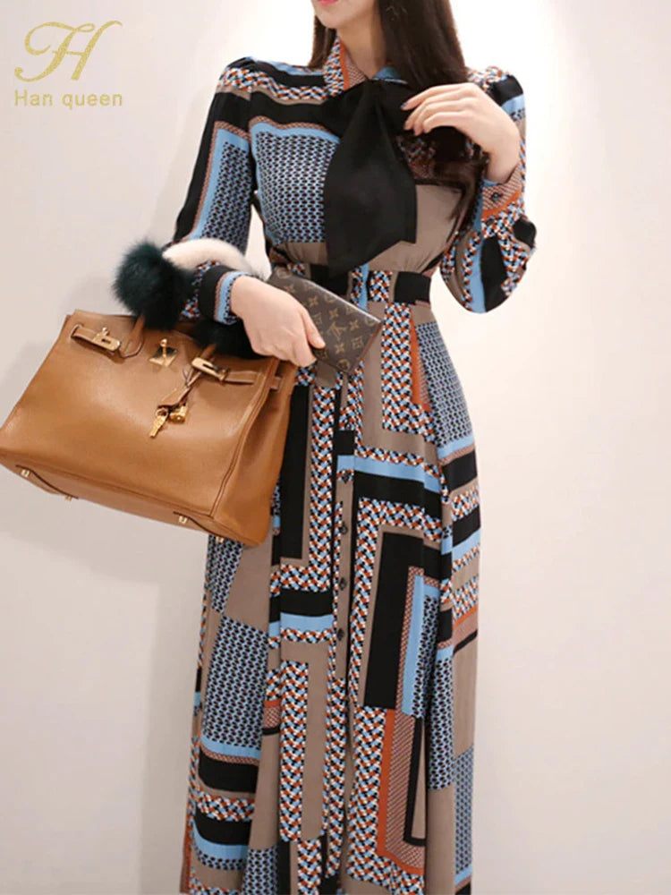 Vintage Print Long Shirt Dress For Women Ankle Length