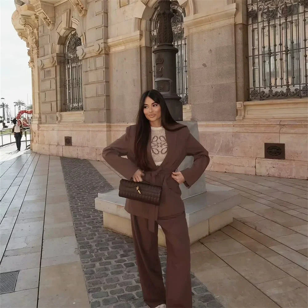 Elegant Womens Pantsuit Set Belted Jacket And Pants