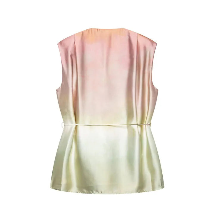 Women Tie Dye Two Piece Set Casual V Neck Waistcoat and Wide Leg Trousers with Shoulder Pads