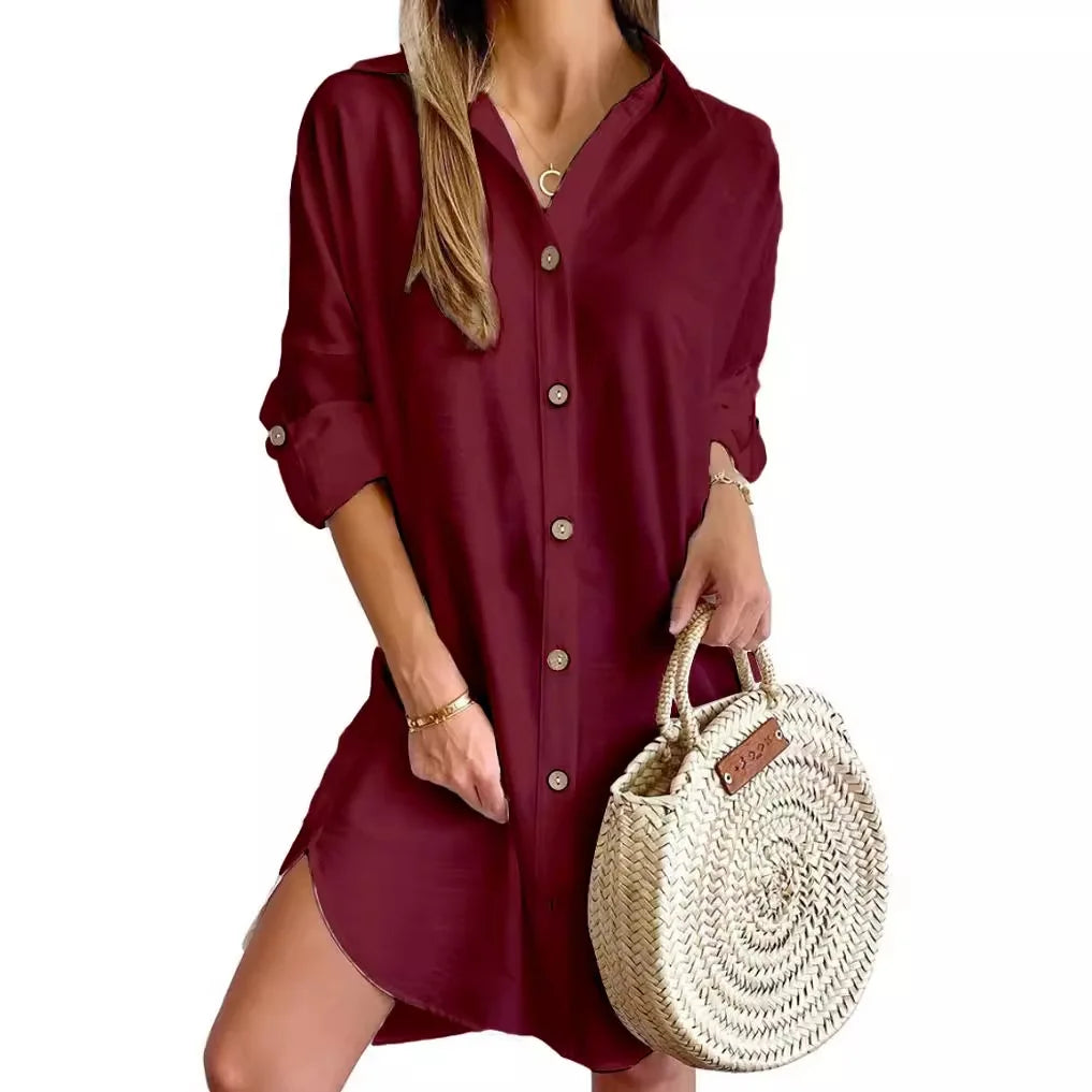 Solid Color Button Front Shirt Dress Long Sleeve Lapel