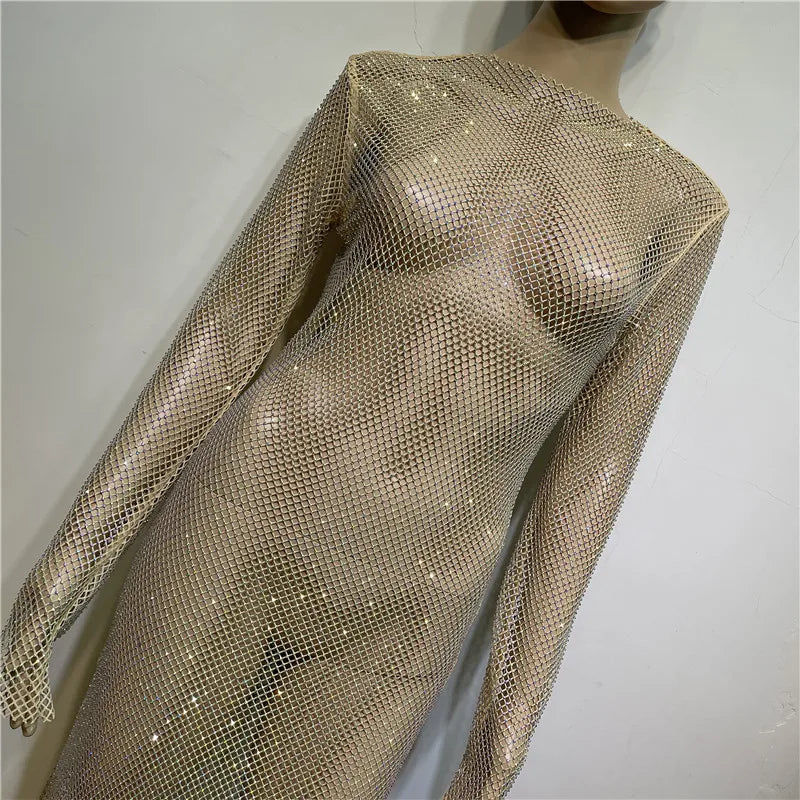 Rhinestone See Through Club Dress With Fishnet Details