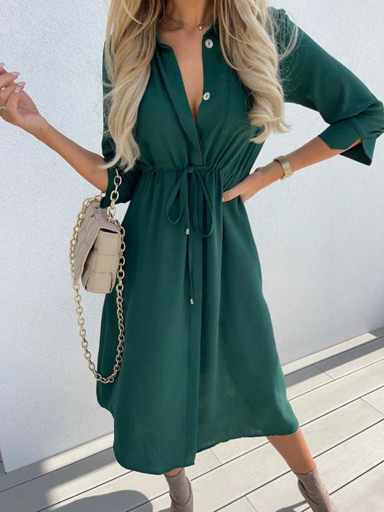Women's Lace Up Waist Dress Mid Sleeve Aline Solid Color