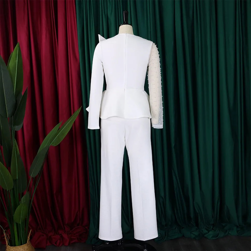 Elegant High Waisted Jumpsuit for Women with Round Neck Beaded Detail and Transparent Sleeves Perfect for Birthday Parties and Special Occasions