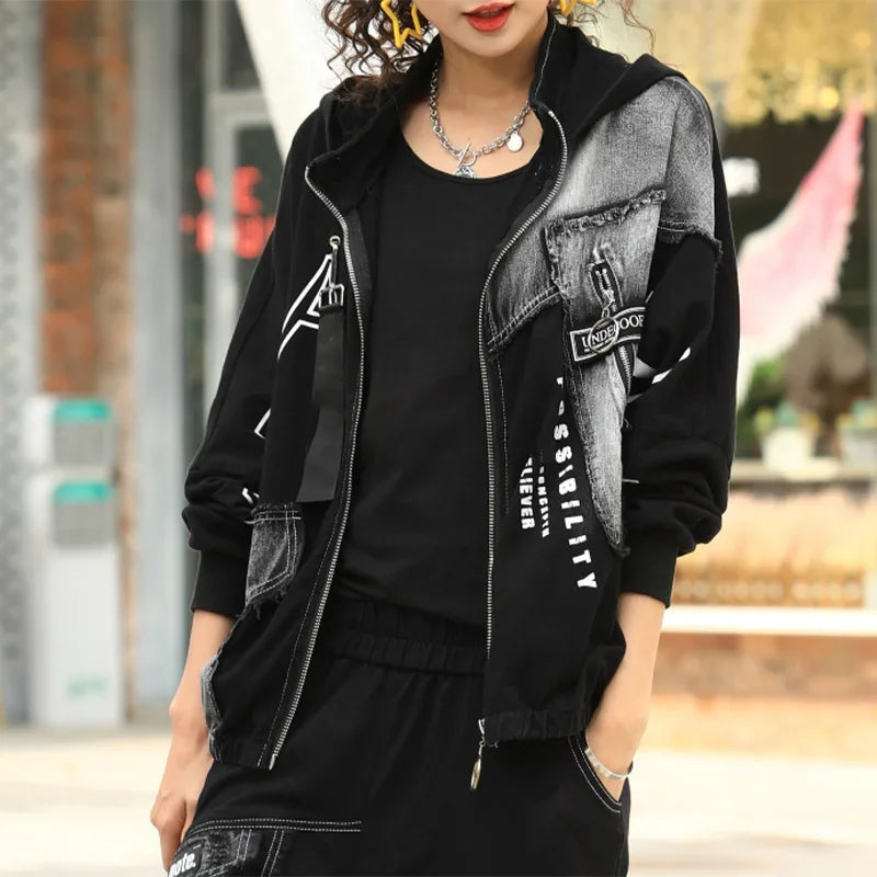 Spring Punk Fashion Women's Two Piece Set with Loose Hooded Jacket and Classic Fitness Pants