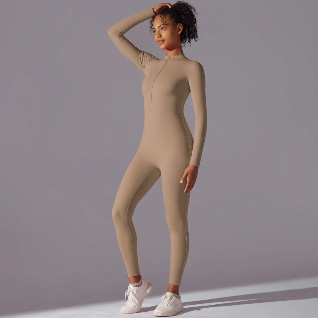 Women Nude Zipper Yoga Jumpsuit Long Sleeve One Piece Leotard High Intensity Workout Fitness Dance Gym Aerial Activewear