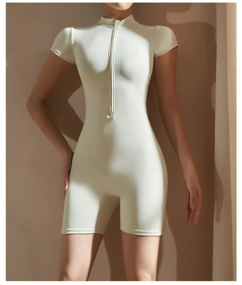 Womens Slim Fit Yoga Jumpsuit Short Sleeve One Piece Stretch Playsuit Romper with Front Zipper for Fitness and Sport