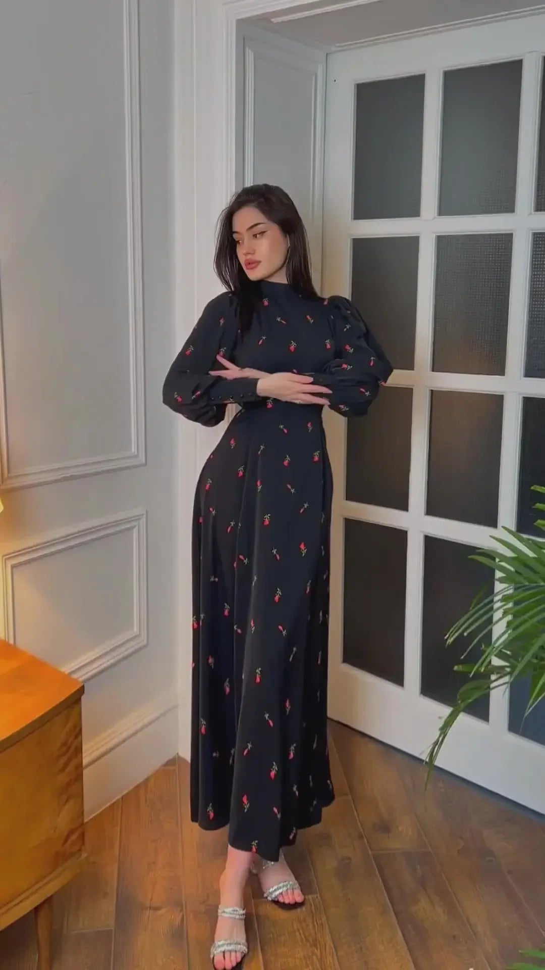 Black Print Dress For Women O Neck Long Sleeve Lace Up