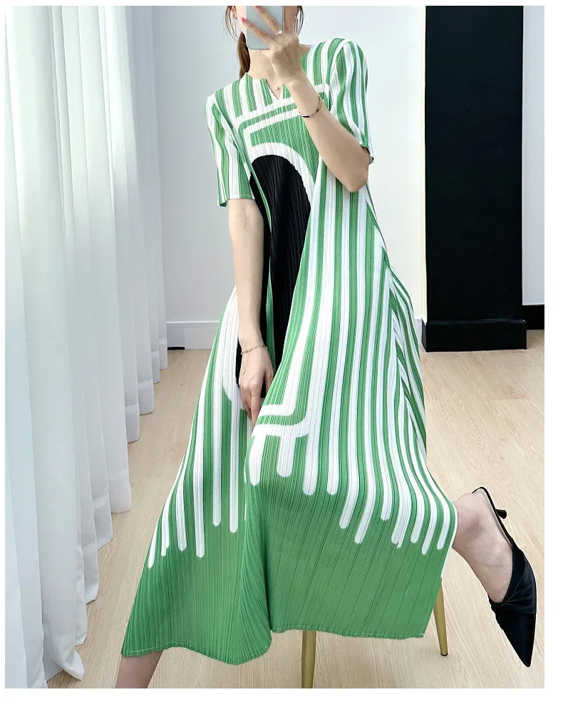 Pleated Striped Dress For Women O Neck Short Sleeve