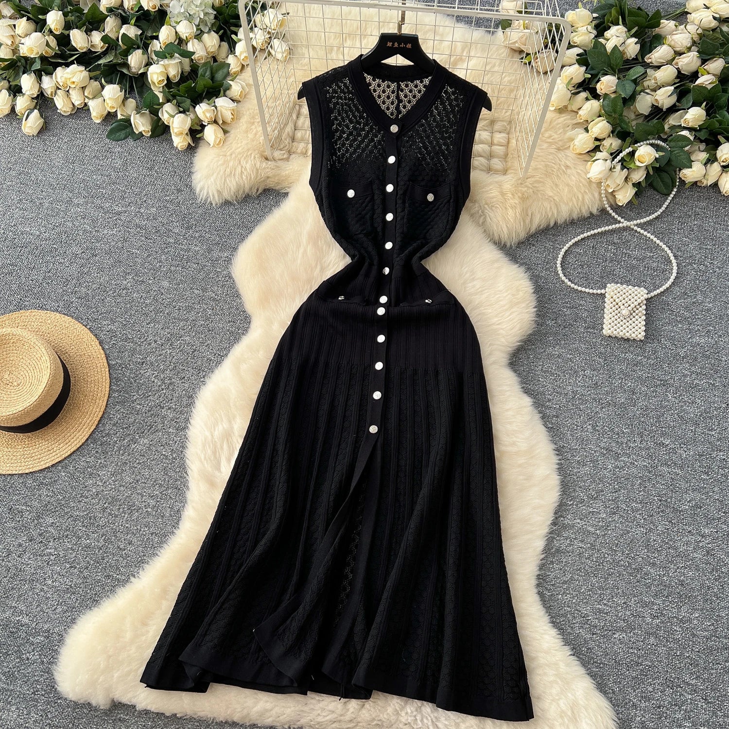 Slim Knitted Black Maxi Dress For Women Sleeveless Bodycon