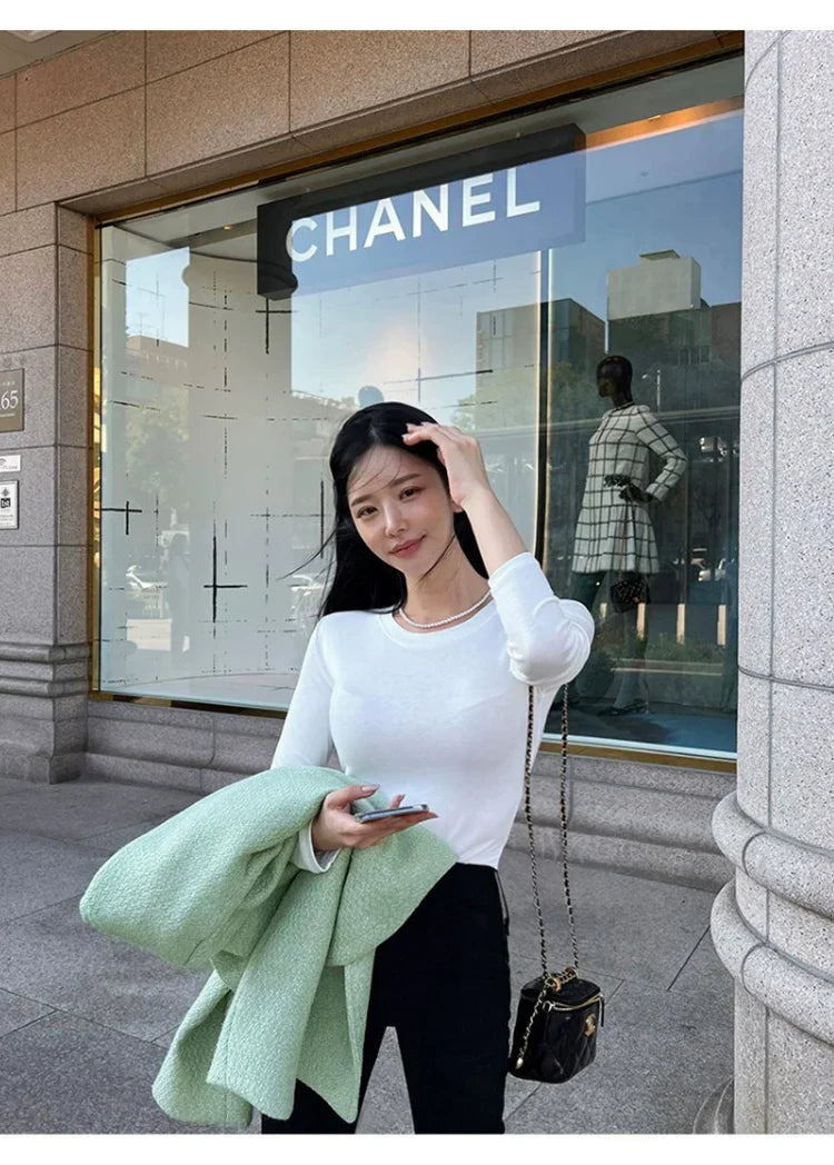 Korean Style Slim Fit Cotton Long Sleeve T Shirt for Women Soft Transparent Summer Tee