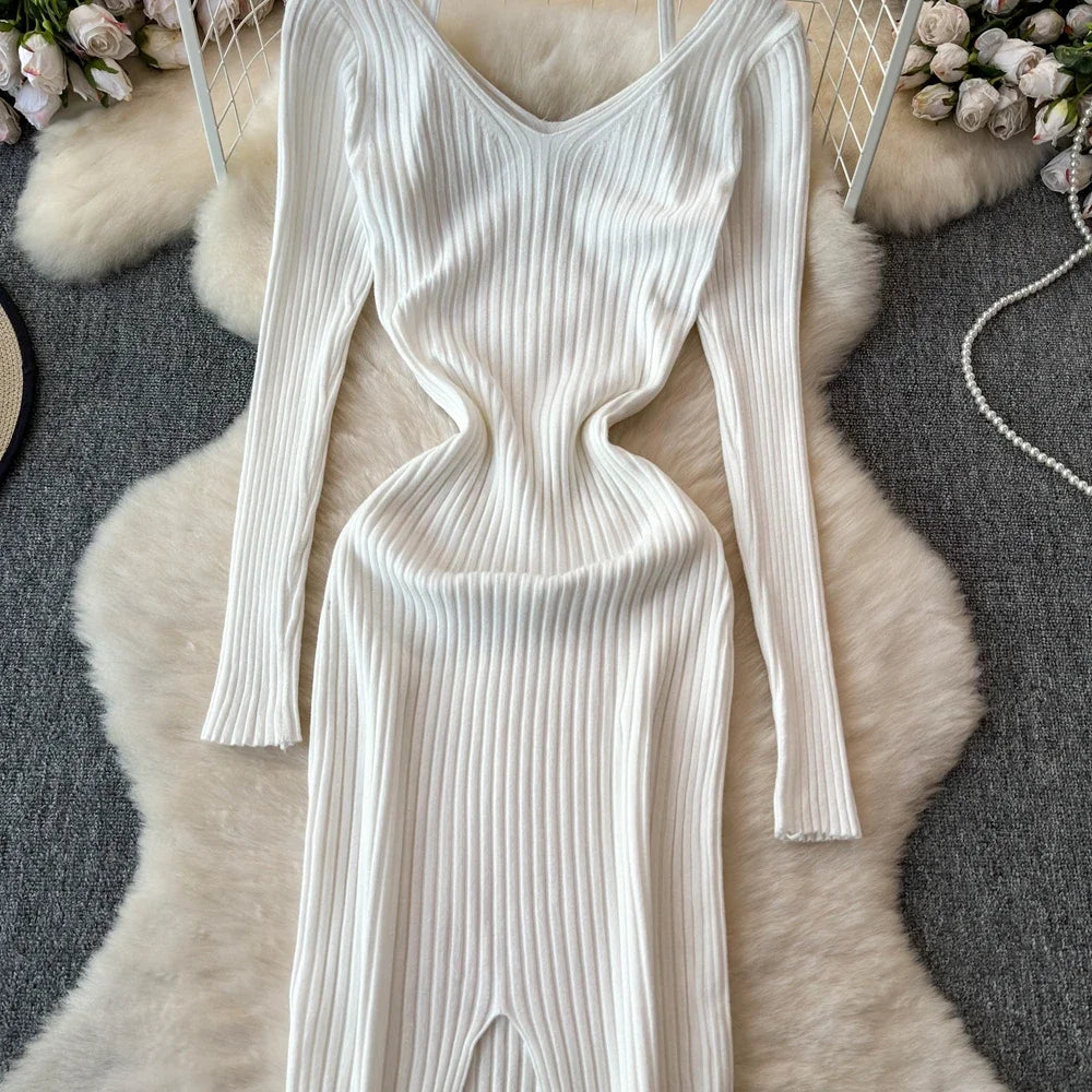 White Long Sleeve V Neck Lace Up Elegant Dress For Women