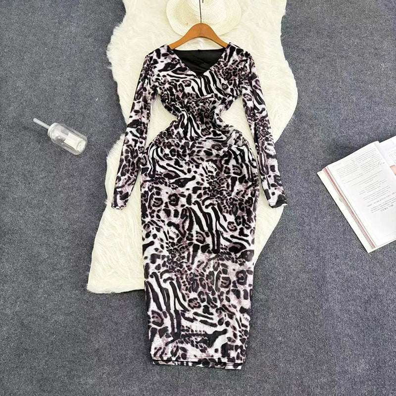Mesh Print Maxi Dress With V Neck Full Sleeve Bodycon