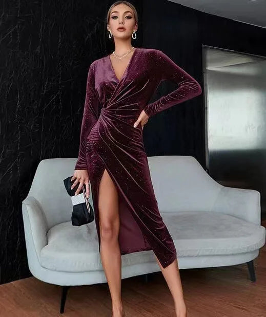 Golden Velvet Nightclub Dress Open Leg Long Sleeve Gown
