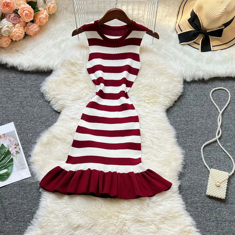 Ruffled Striped Knit Mini Dress For Summer Party Look