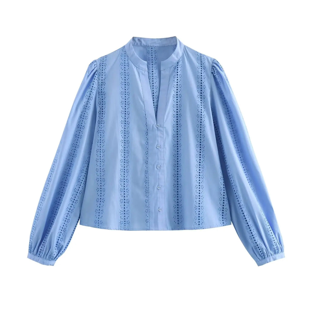 Loose Lace Up White Shirt for Women Elegant Hollow Out Embroidered Puff Sleeve Cropped Top