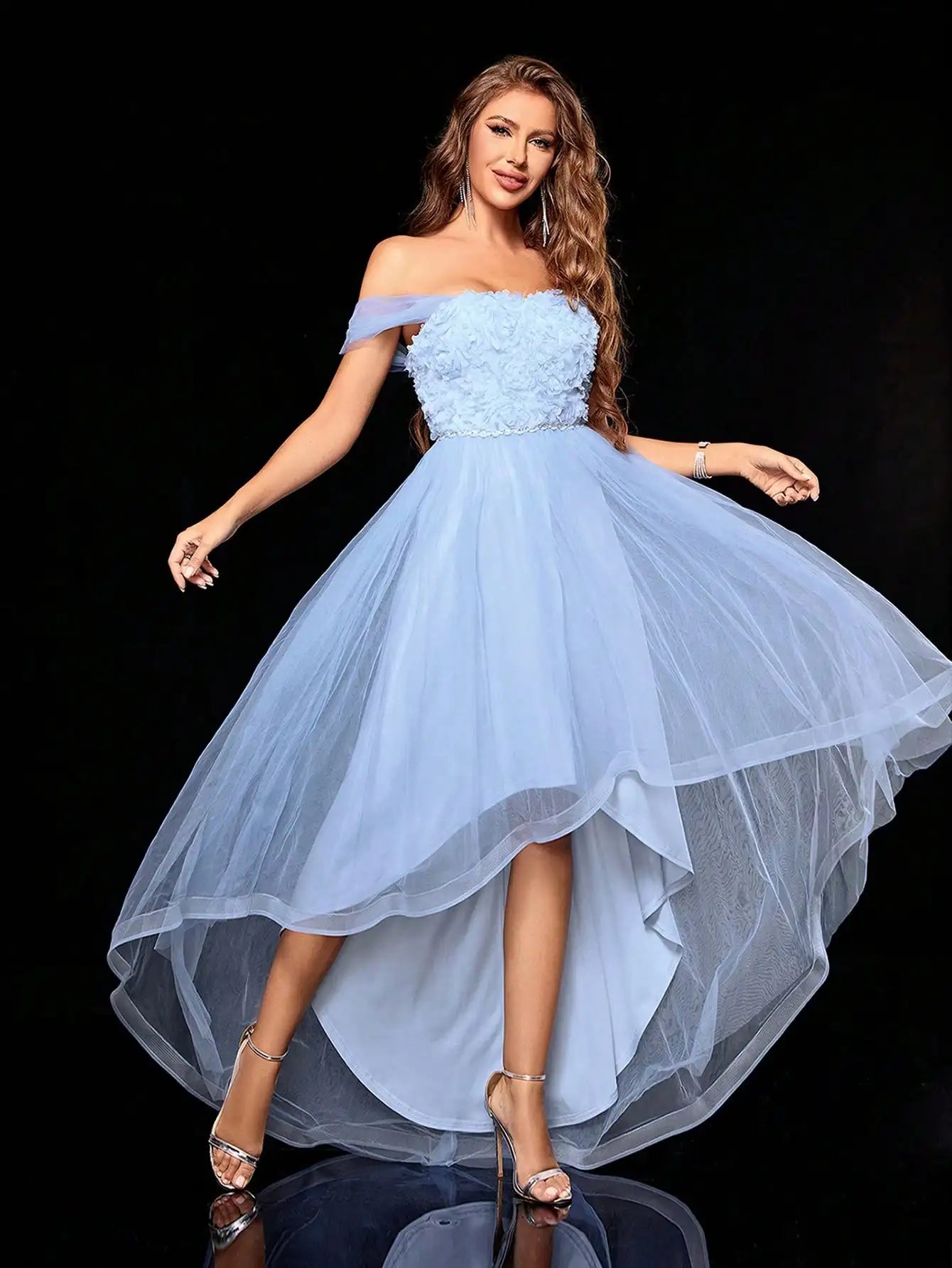 Embroidered Long Mesh Swing Skirt With Unique Neckline