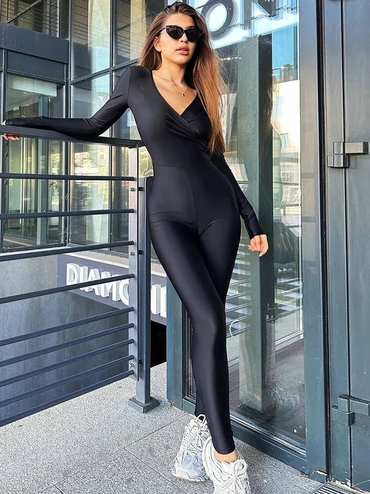 V Neck Long Sleeve Ruched Bodycon Skinny Jumpsuit Sexy Solid Color Party Romper Overalls Y2K Fashion Vacation Wear
