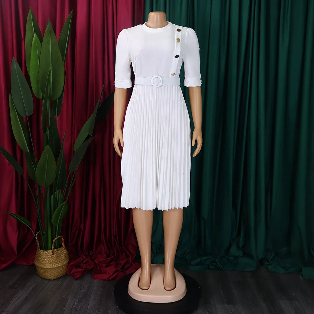 Elegant Pleated Dress for Women Formal Half Sleeve Belted