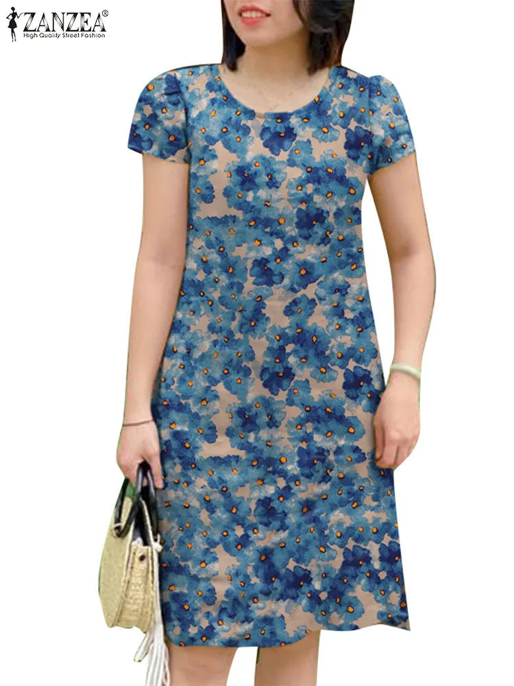 Boho Floral Print Knee Length Dress For Women With Pockets