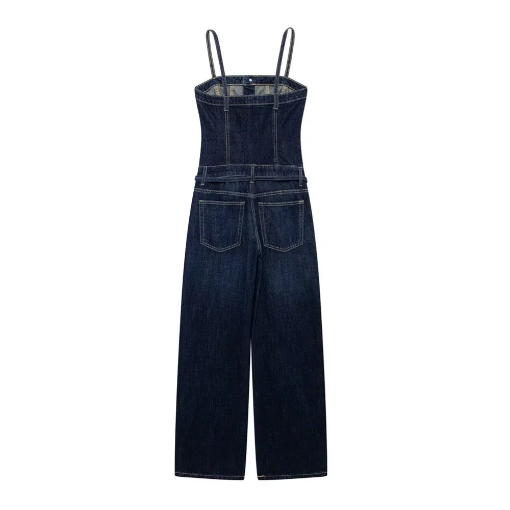 Loose Fitting Waist Belt Cotton Denim Long Jumpsuit for Women Comfortable Autumn and Winter Fashion