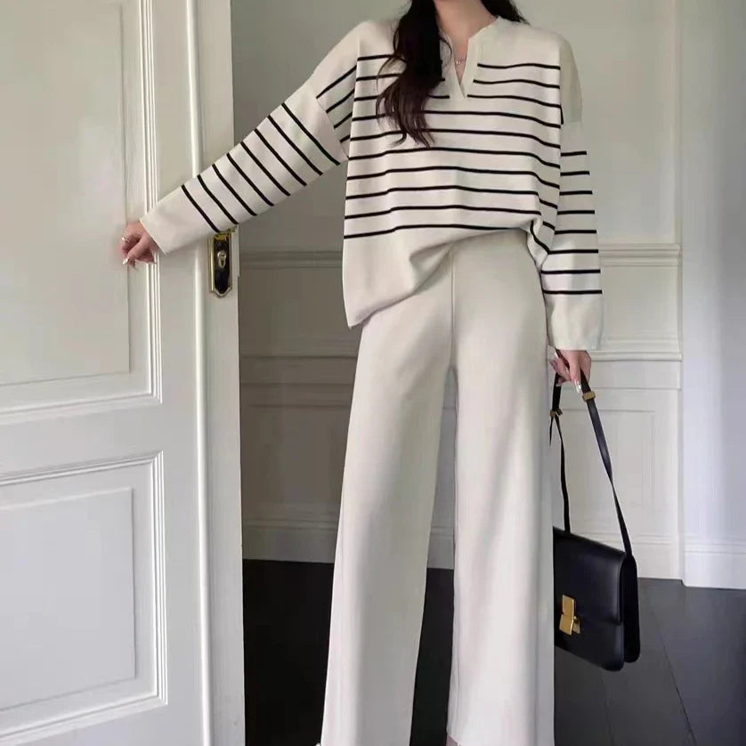 Women's Winter Sweater Set with Stripe Knit Pullover and Wide Leg Pants for Casual Elegance