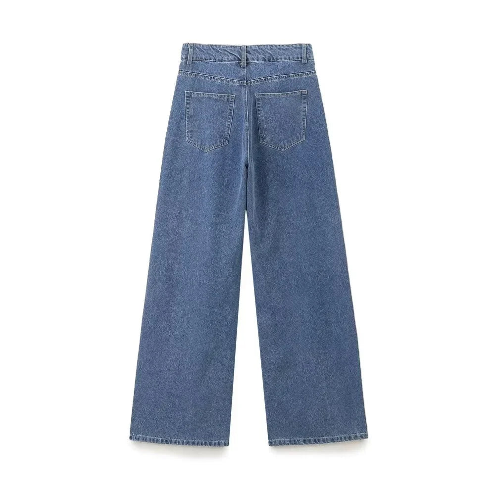 Autumn Women's Fashion Casual Denim Shirt with Collar and Long Sleeves Paired with High Waist Wide Leg Jeans Set