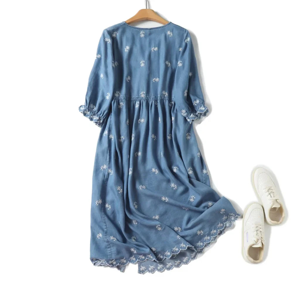 Womens V Neck Embroidered Dress Casual Elegant Short Sleeve