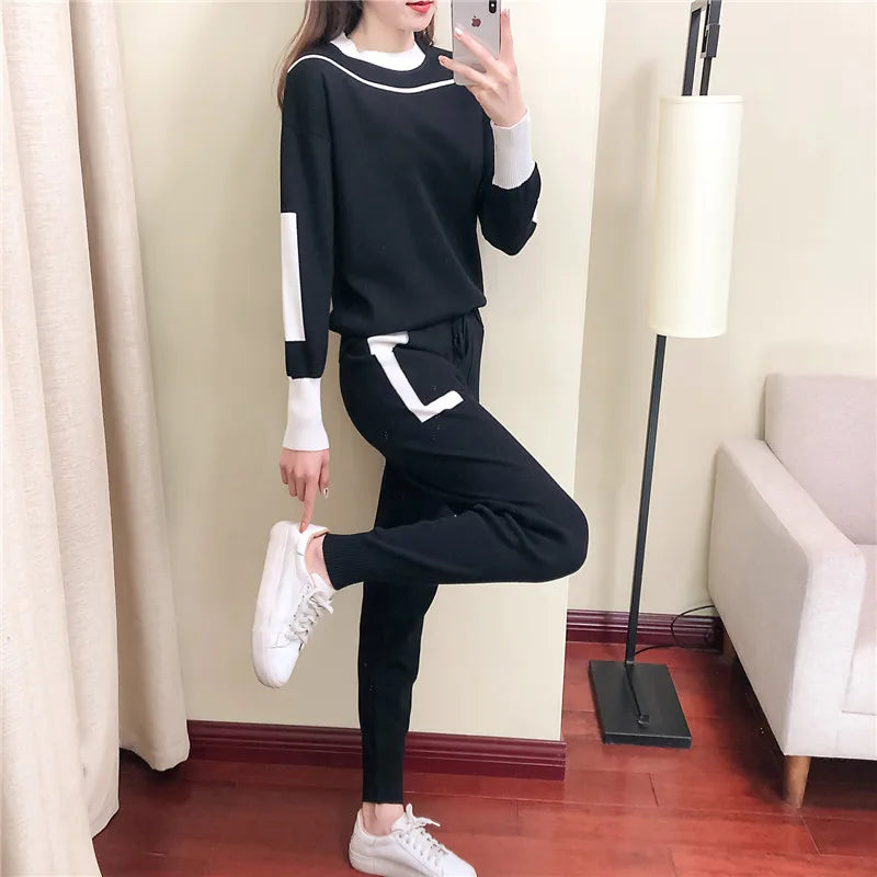 Knitted Casual Two Piece Set for Women Featuring Long Sleeve Pullover Sweater and Stylish Pants Suit
