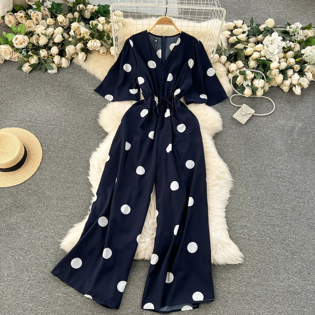 Women Wide Leg Polka Dot Jumpsuit with V Neck Dolman Sleeves and Slim Waist Design