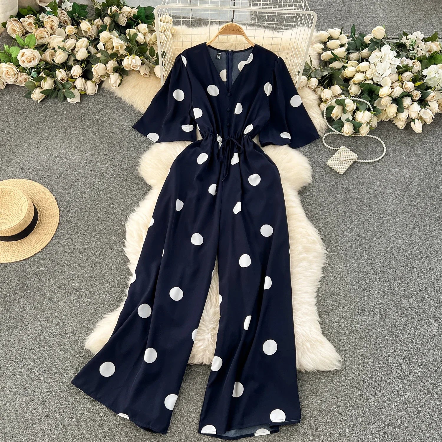 Women Wide Leg Polka Dot Jumpsuit with V Neck Dolman Sleeves and Slim Waist Design