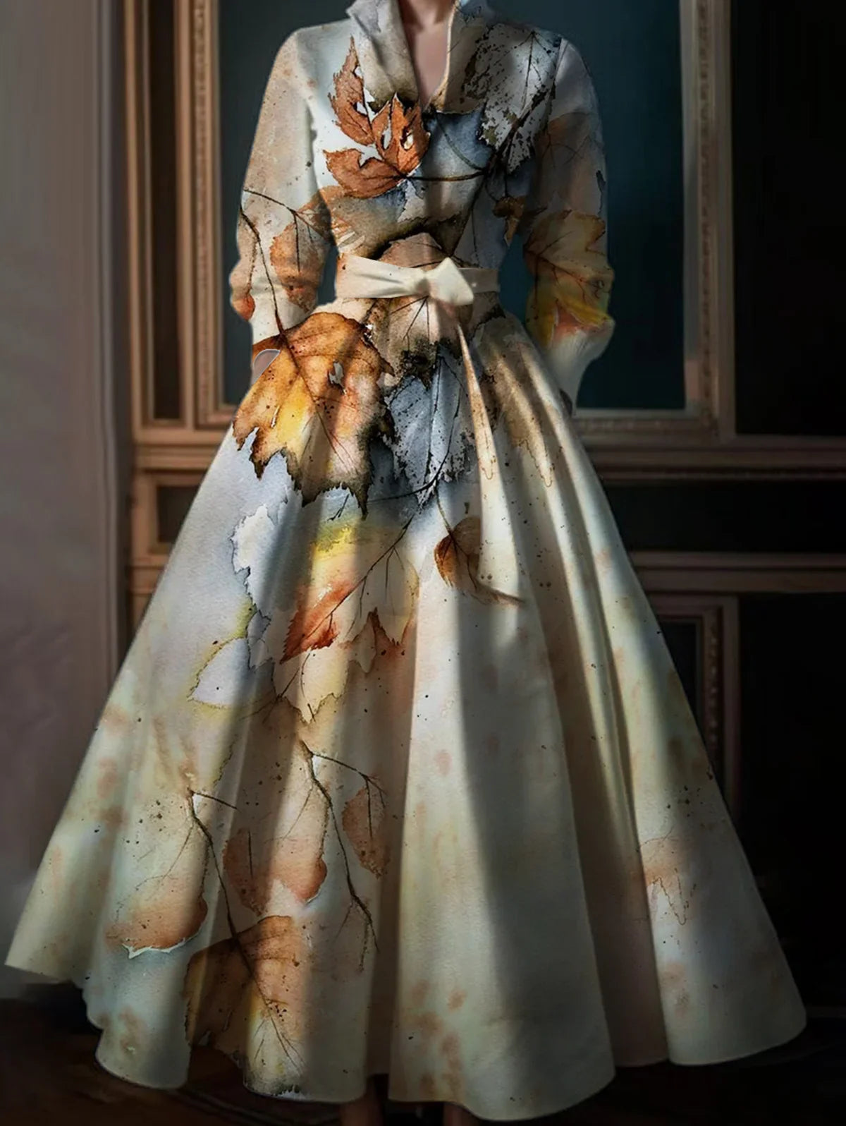 Elegant Maple Leaf Print Maxi Dress For Women Stand Collar