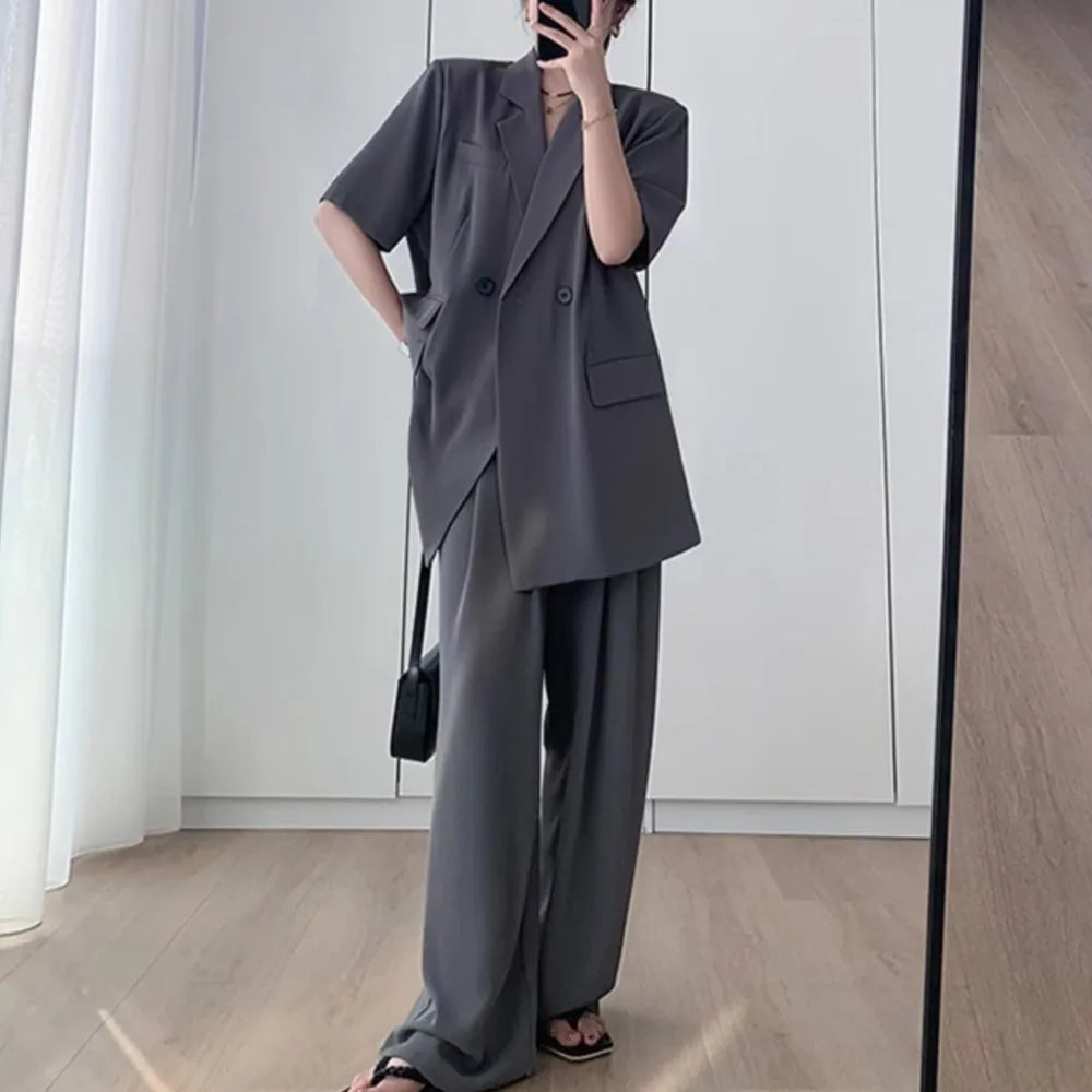 Short Sleeve Wide Leg Pants Blazer Suit Set for Women Summer Business Casual Attire