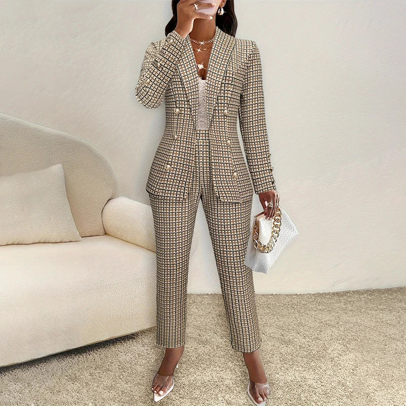Women Elegant Plaid Waistcoat Pant Set Double Breasted Blazer with Long Sleeve Top and High Waist Slim Pants for Office Wear
