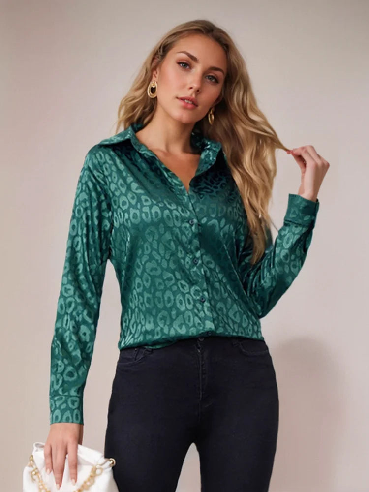 Elegant Long Sleeve Leopard Jacquard Blouse for Women with Turn Down Collar and Button Front Office Shirt Autumn Spring Fashion Top