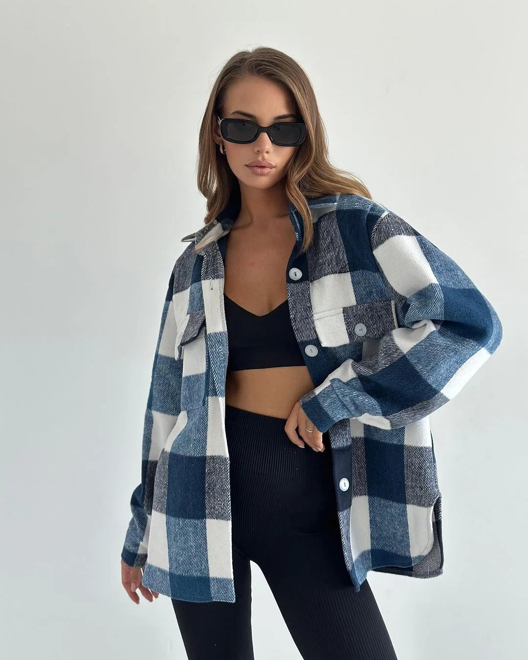 Women's Flannel Lapel Plaid Shirt Jacket Long Sleeve Button Down Thin Warm Coat Blouse for Autumn Casual Wear